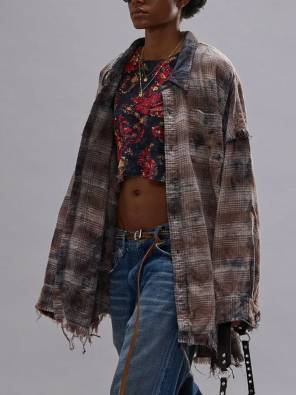 NWT R13 Shredded Seam Drop Neck Shirt - Overdyed Grey Plaid